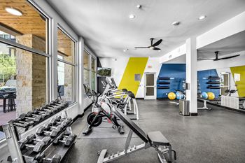 a workout room with a variety of exercise equipment and windows